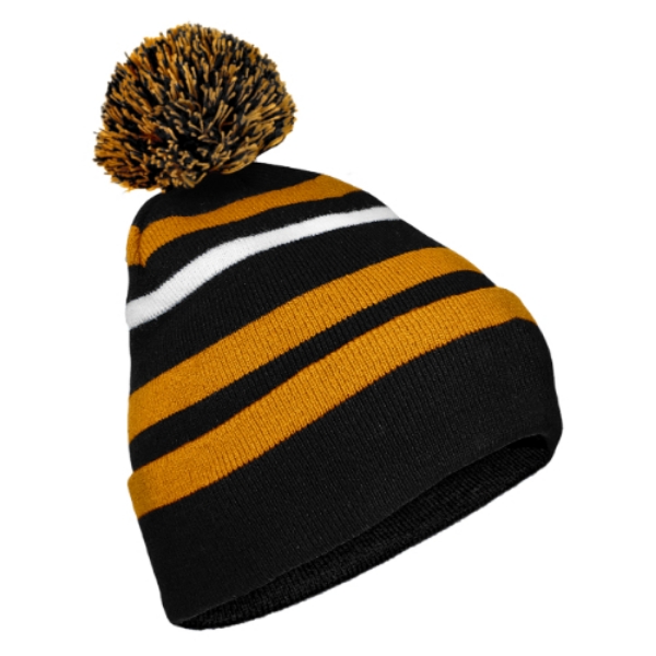 Picture of Beanie Bobble Hat Black-Gold-White